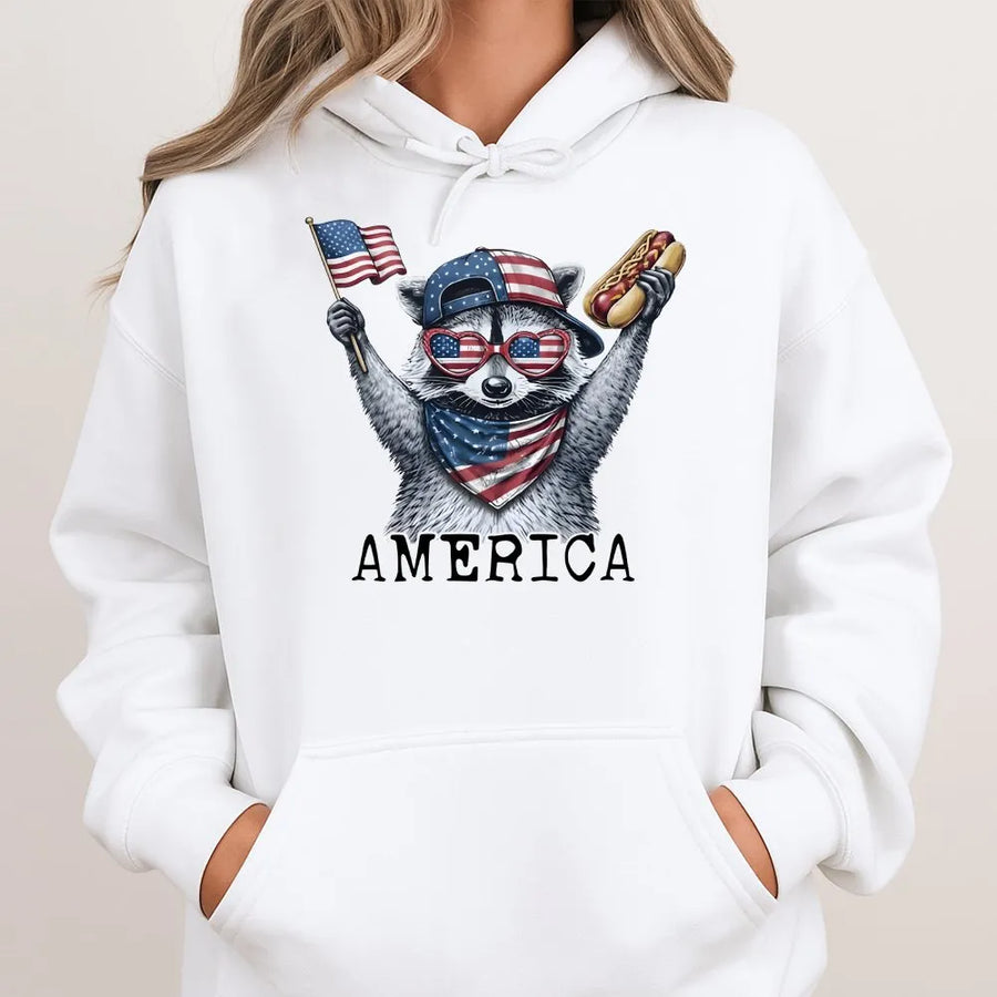 Patriotic Raccoon Hoodie | Funny 4th of July USA Flag Animal Tee | Premium Comfort Colors Cotton | Independence Day Party Gift