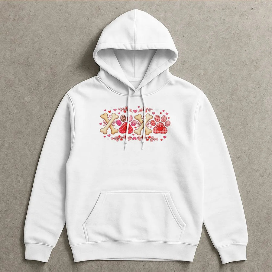 Dog Mom Valentine Hoodie | Cute Paw Print Heart and Bone Graphic | Premium Cotton Blend | Gift for Animal Lovers and Vet Techs