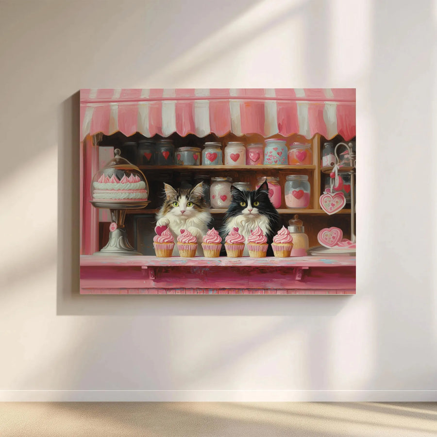 Whimsical Cat Bakery Canvas Wall Art | Kittens Selling Cupcakes Painting | Premium Fade-Resistant Print | Unique Gift for Cat Lovers & Nursery Decor