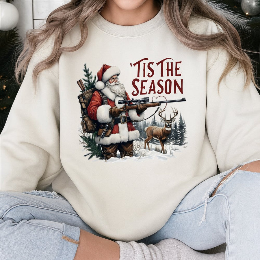 Santa Hunting Sweatshirt | Funny Tis The Season Deer Hunter Graphic | Cotton Blend Premium Apparel | Christmas Gift for Outdoorsmen