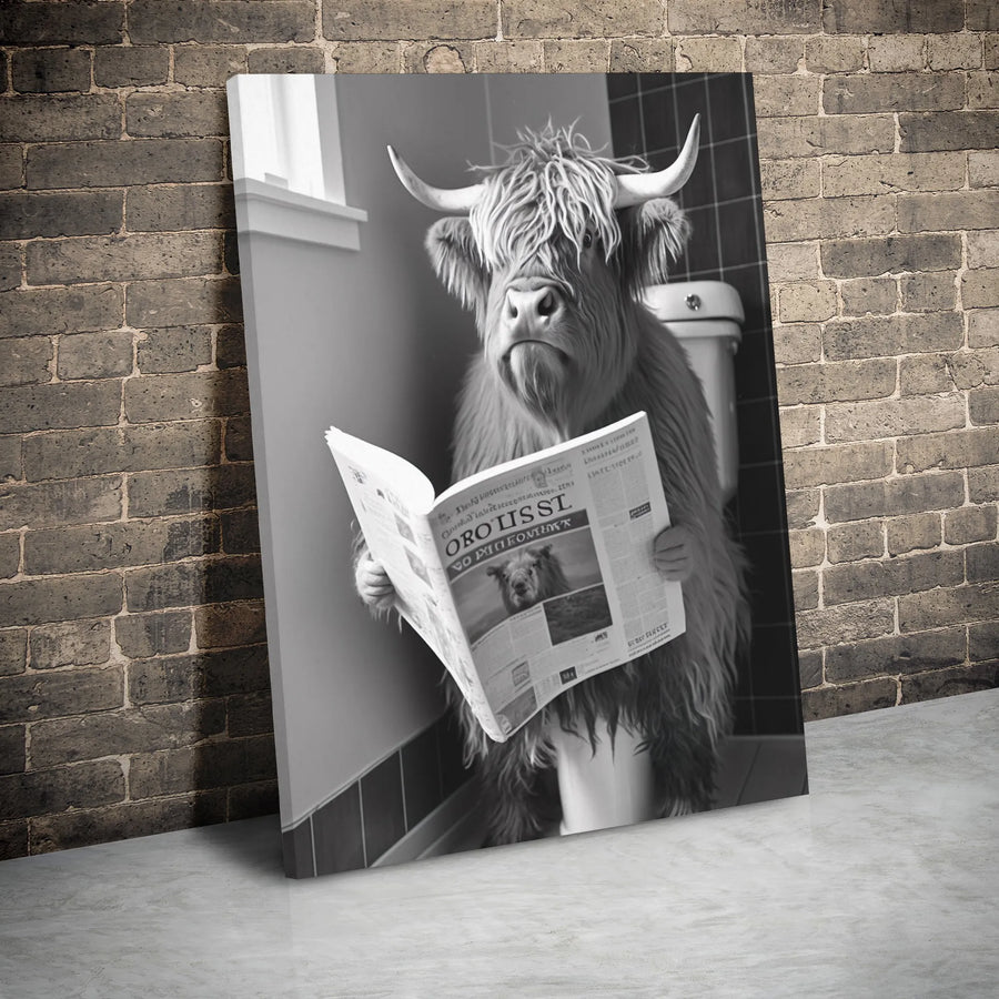 Highland Cow Bathroom Wall Art | Funny Animal Reading Newspaper Print | Premium Gallery Wrap Canvas | Humorous Home Decor Gift