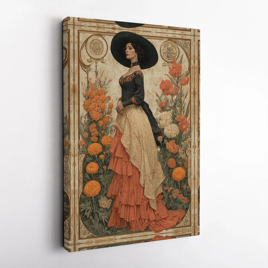 Art Nouveau Woman Portrait Canvas | Vintage Floral Marigold Design | Premium Gallery Wrap | Elegant Home Office Wall Art Decor