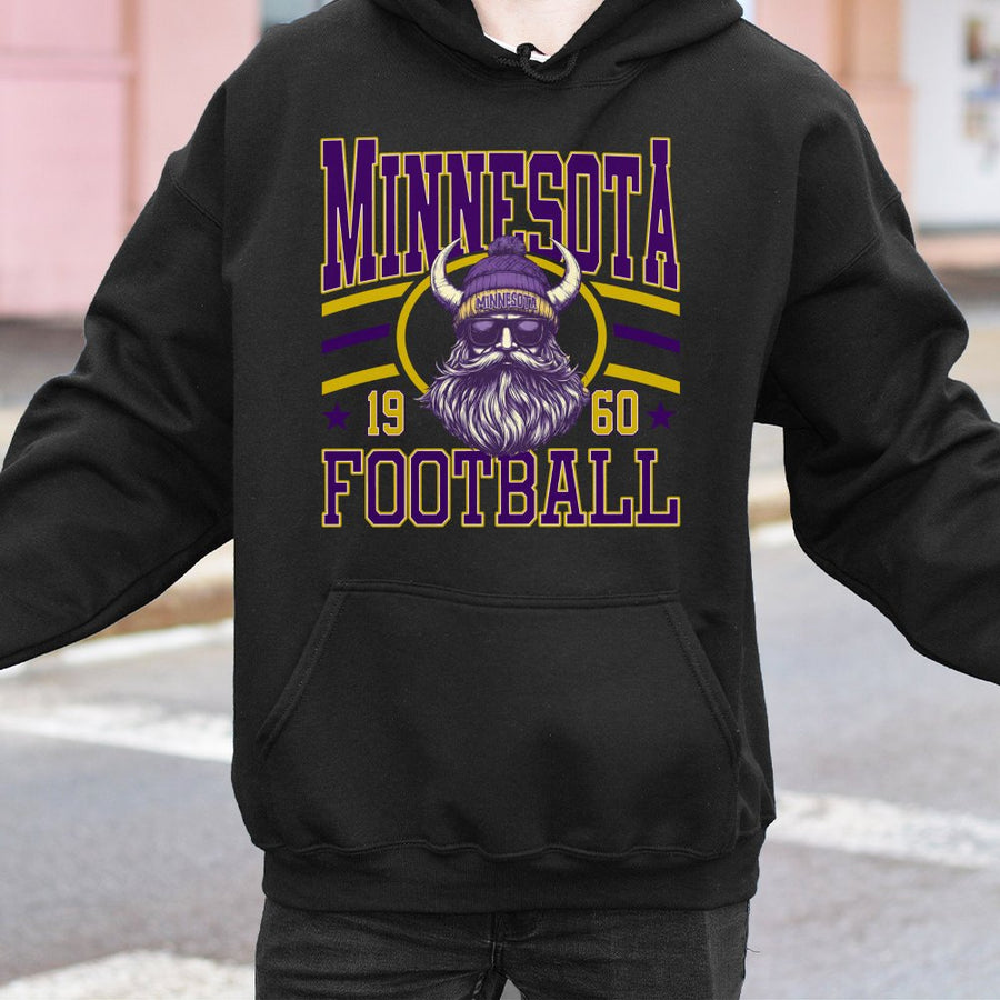 Minnesota ★ 19 60 ★ Football Featuring A Viking Mascot With A Long Beard Wearing A Purple Horned Beanie And Sunglasses Hoodie