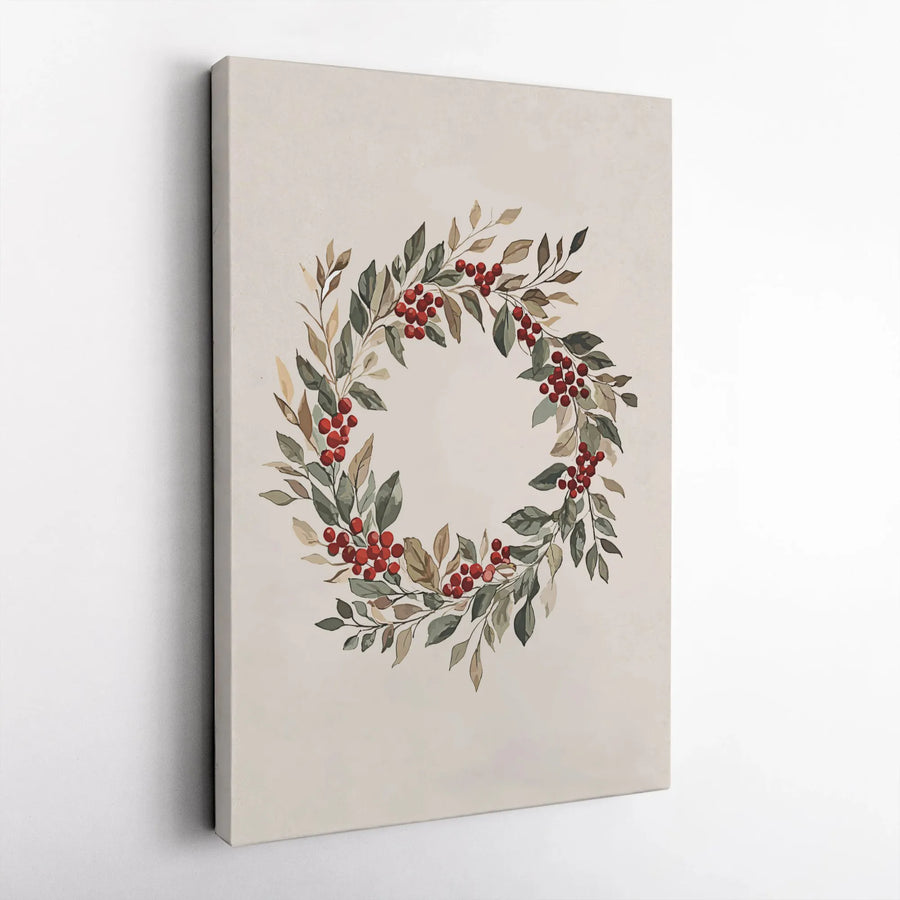 Watercolor Red Berry Wreath Canvas Print | Minimalist Botanical Holiday Wall Art | Premium Gallery Wrapped Decor | Festive Home Gift