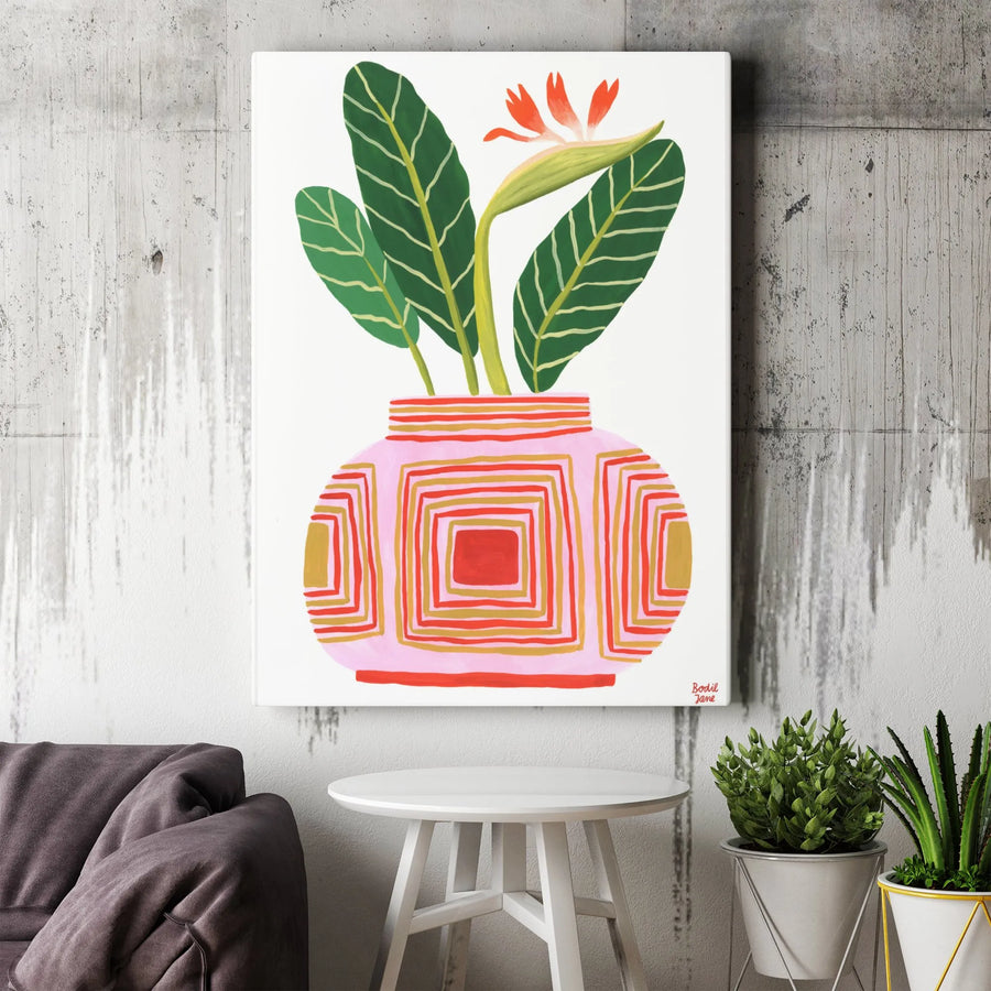 Bird of Paradise Canvas Wall Art | Modern Botanical Illustration in Pink Vase | Premium Thick Gallery Wrapped Canvas | Boho Living Room Decor Gift