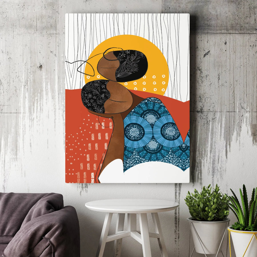 Black Woman Abstract Wall Art | Floral Hair African Print Canvas | Premium Gallery Wrap Decor | Afrocentric Home Living Room Gift