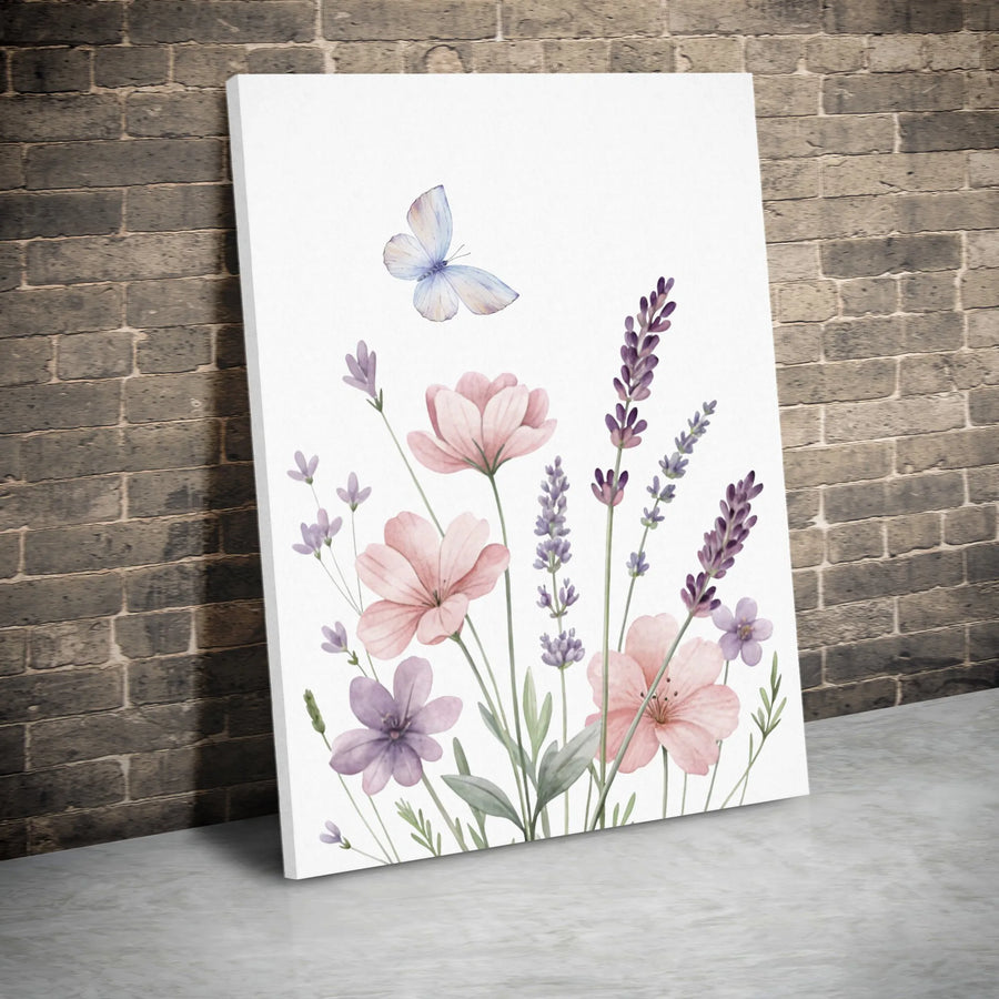 Wildflower Butterfly Canvas Wall Art | Watercolor Lavender & Pink Flowers | Premium Gallery Wrap Canvas | Minimalist Botanical Home Decor Gift