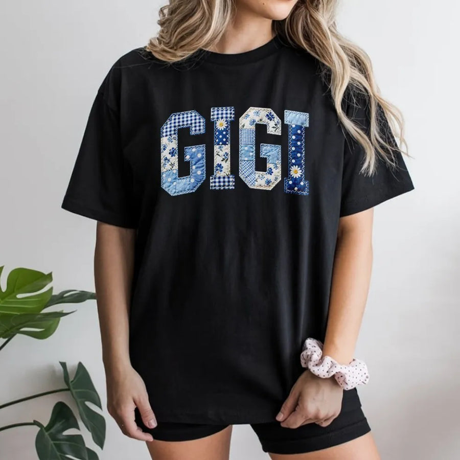 Gigi T-Shirt | Blue Patchwork Faux Appliqué Letters | Soft Cotton Tee | Mothers Day Gift for New Grandma