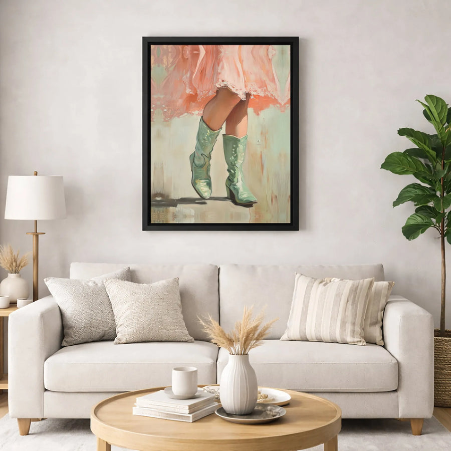 Western Cowboy Boots Canvas Wall Art | Pink Dress Oil Painting Style | Premium Gallery Wrap Decor | Modern Country Chic Home Gift