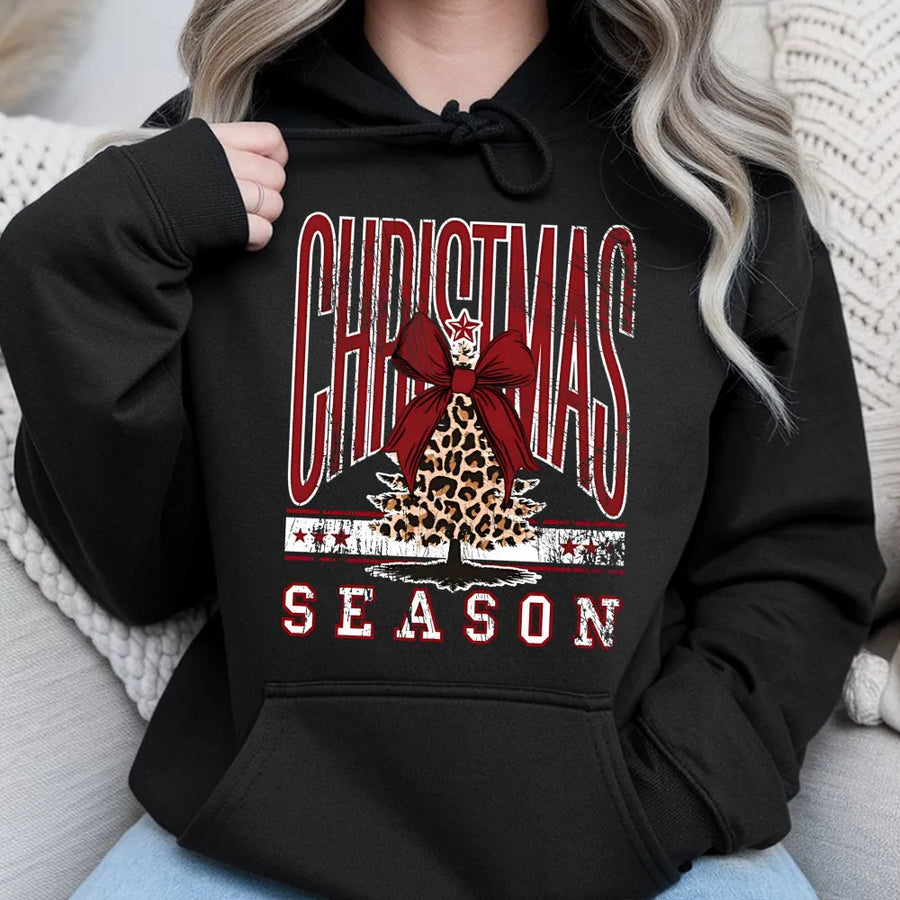 Christmas Season Hoodie | Leopard Print Bow Tree Graphic | Premium Cotton Blend | Cozy Holiday Gift for Women