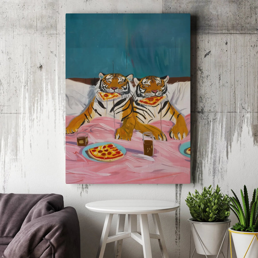 Tigers Eating Pizza Canvas Wall Art | Funny Surreal Tiger Painting | Premium Thick Gallery Wrap Canvas | Unique Gift for Modern Home Decor