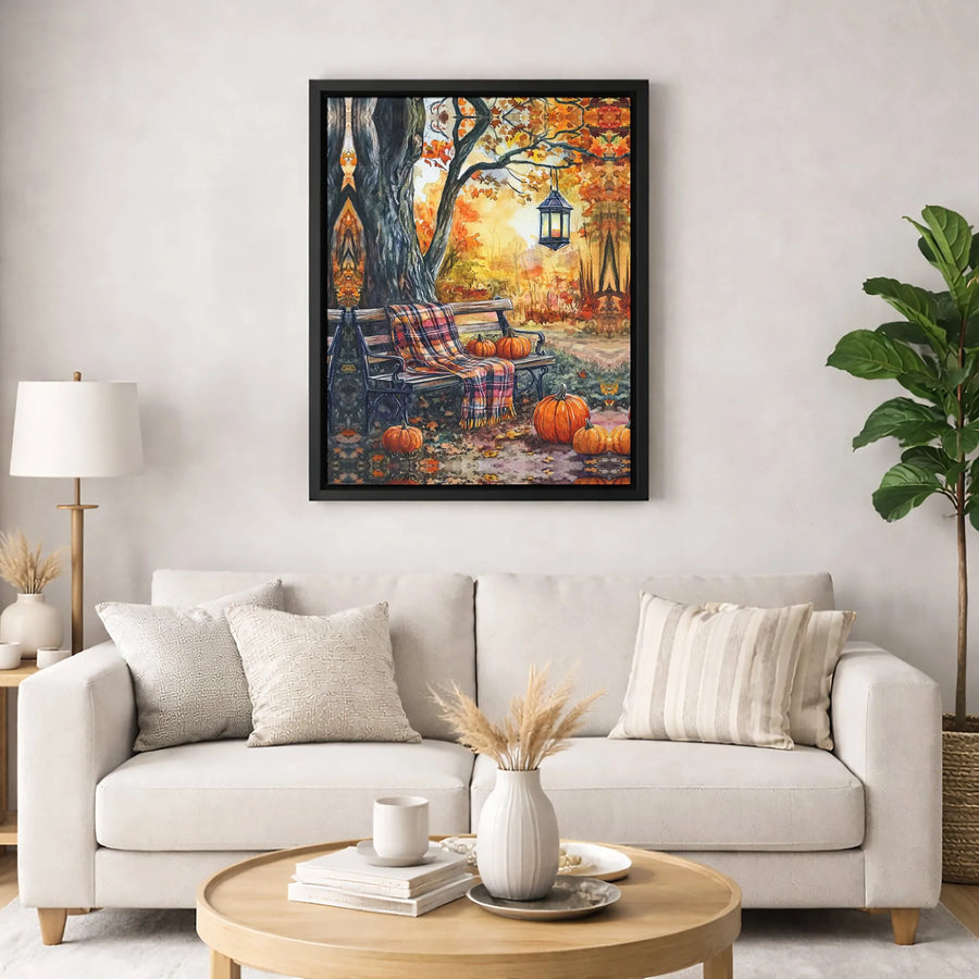 Autumn Park Bench Canvas Art | Watercolor Fall Pumpkin Lantern Print | Premium 1.25-Inch Gallery Wrap | Cozy Seasonal Home Decor Gift