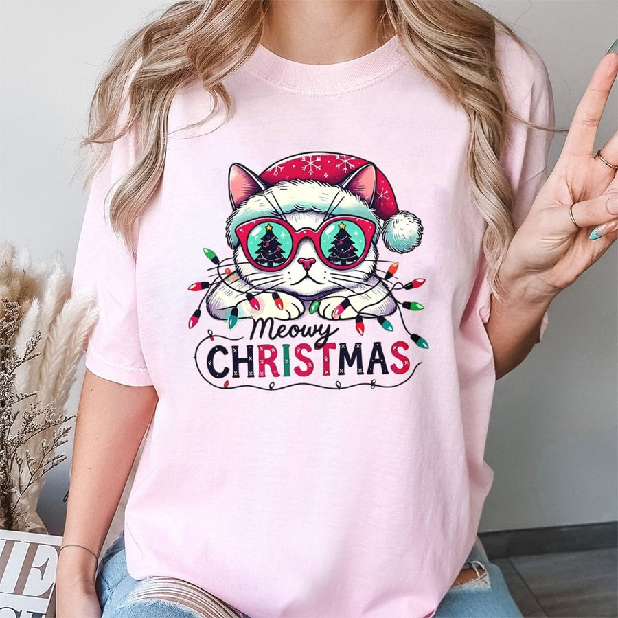 Meowy Christmas T-Shirt | Funny Cat Santa Hat Graphic | 100% Cotton Premium Tee | Cute Holiday Gift For Cat Lovers