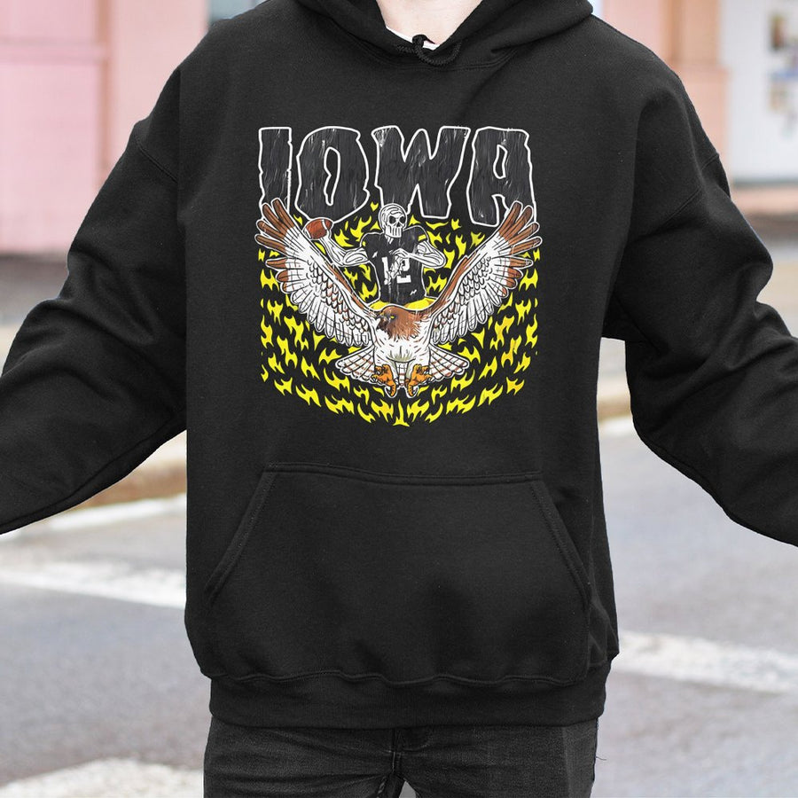 Iowa With A Skeleton Football Player Holding A Football And Riding A Hawk Surrounded By Flames Hoodie