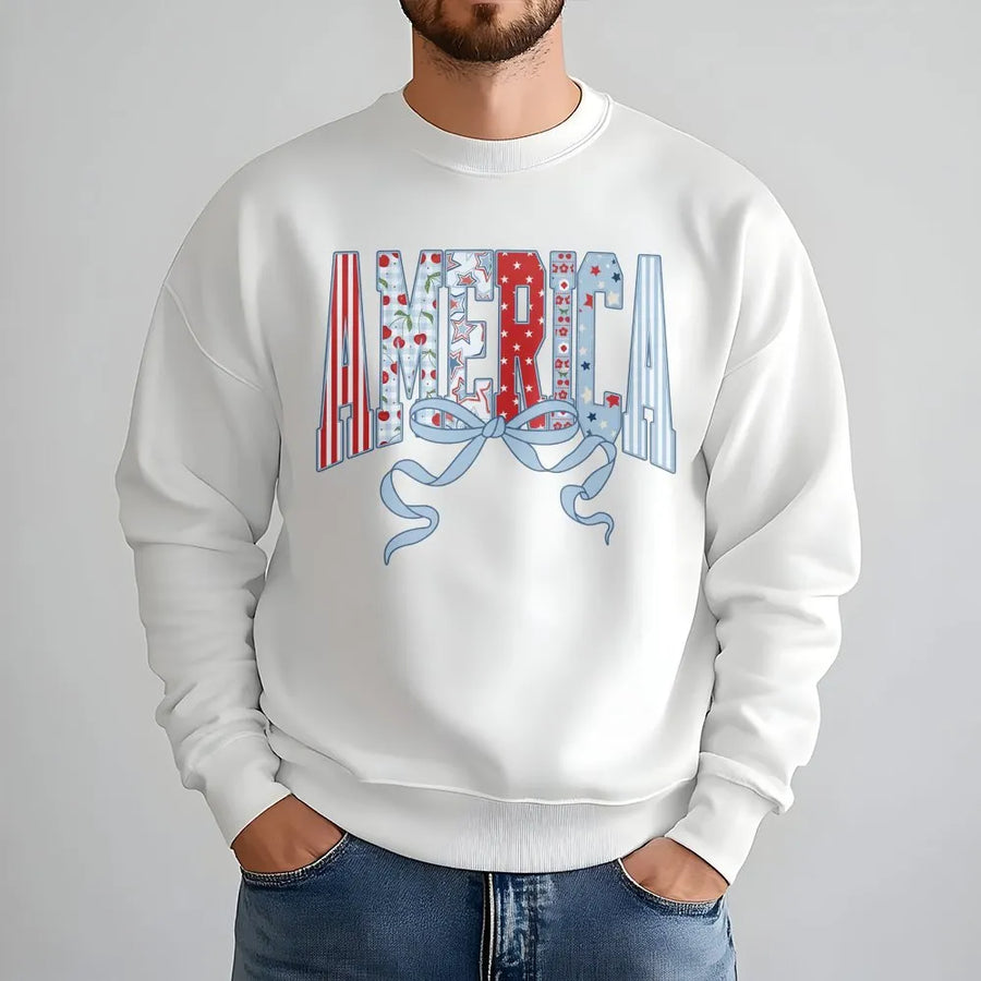 Coquette America Sweatshirt | Retro USA Flag Bow Graphic | Soft Cotton Blend Sweatshirt | Patriotic 4th of July Gift for Women