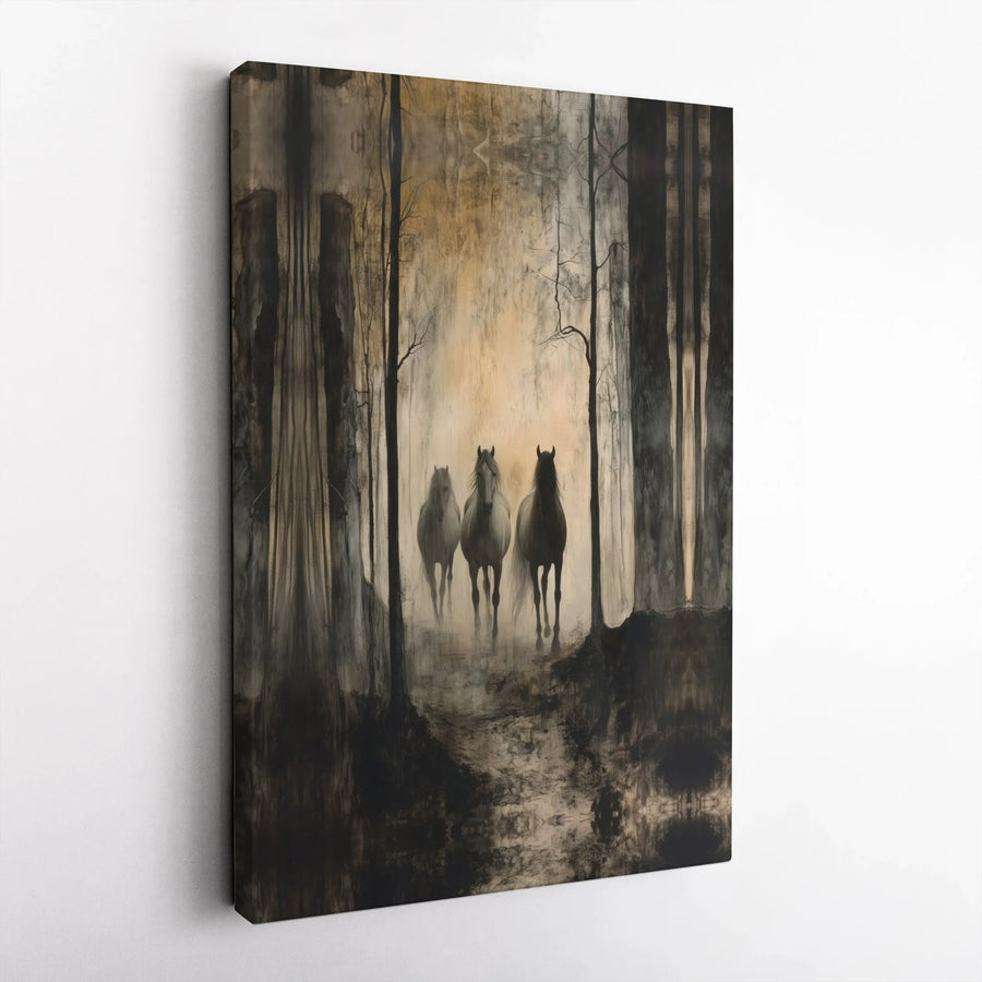 Three Horses Canvas Wall Art | Misty Forest Abstract Equine Print | Premium Gallery Wrapped Canvas | Farmhouse Equestrian Home Decor Gift