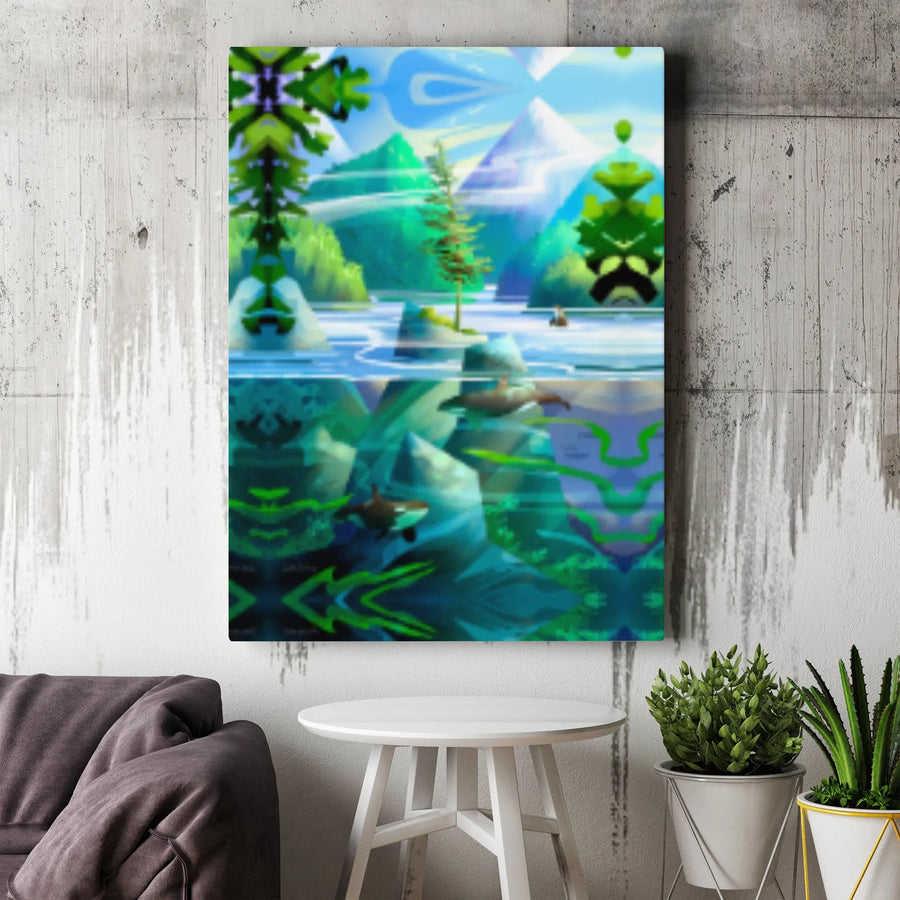 Orca Whale Wall Art | Kaleidoscopic River Landscape Canvas | 1.25” Gallery Wrap Premium Print | Nature-Inspired Home Decor