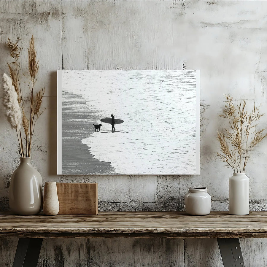 Surfer and Dog Canvas Print | Minimalist Black and White Beach Photography | Premium Gallery Wrap Canvas | Coastal Wall Art Gift for Surfers