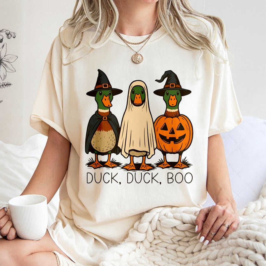 Duck Duck Boo T-Shirt | Funny Halloween Ghost Duck Design | Premium 100% Cotton Tee | Cute Spooky Season Gift for Duck Lovers