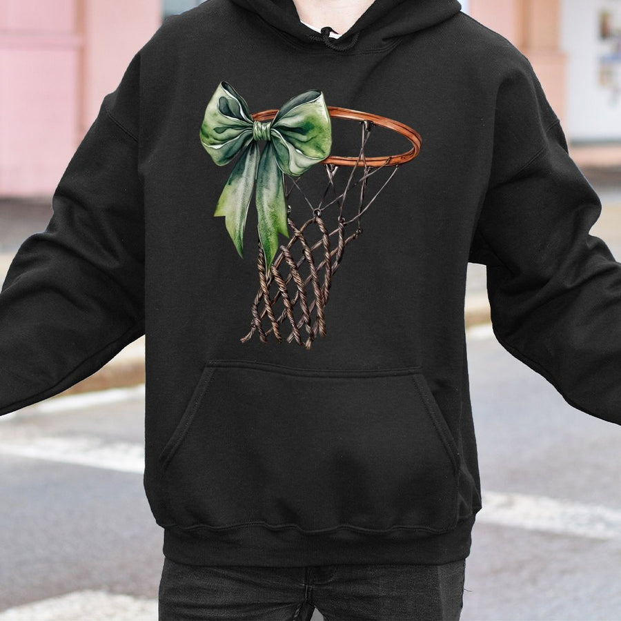 Basketball Mom Hoodie | Watercolor Hoop With Green Bow Design | Premium Cotton-Poly Blend | Game Day Apparel Gift for Basketball Fans