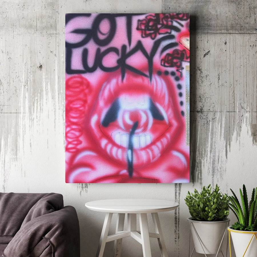 Got Lucky Graffiti Mouth Canvas | Street Art Wall Decor | 1.25 Inch Gallery Wrap | Edgy Urban Poster for Modern Home Office Gift