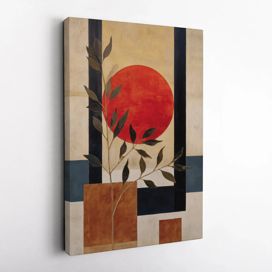 Abstract Geometric Wall Art | Red Sun Botanical Canvas Print | Modern Minimalist Home Decor | Premium Gallery Wrap Gift for Living Room