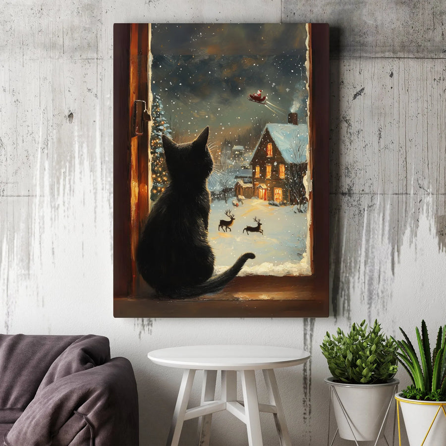 Black Cat Christmas Canvas Print | Festive Santa Sleigh Snowy Village Wall Art | Premium Fade-Resistant Gallery Wrap | Holiday Home Decor Gift