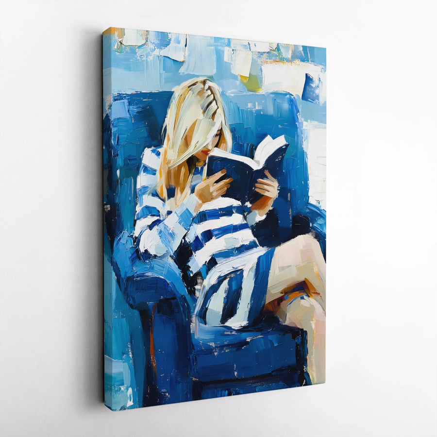 Woman Reading Book Impressionist Canvas Art | Blue Armchair Striped Dress Painting | Premium Gallery Wrap Wall Decor | Aesthetic Home Office Gift
