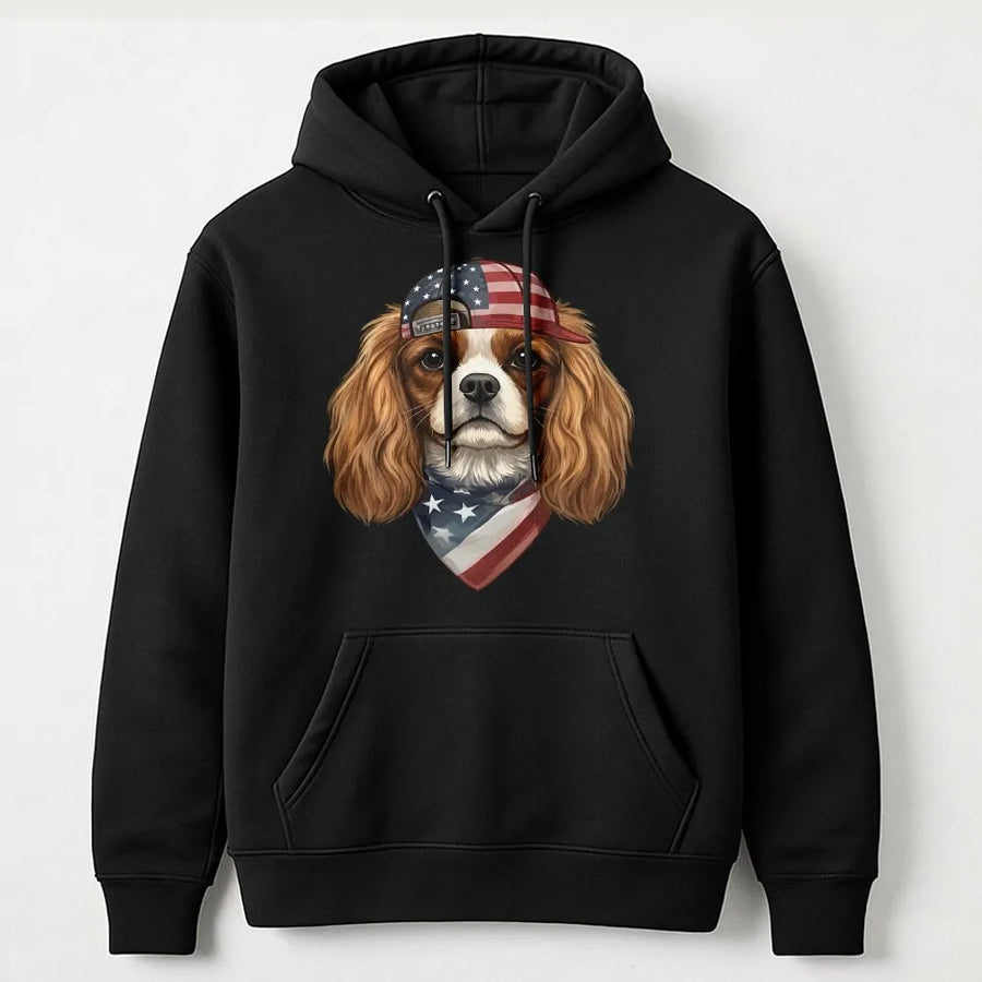 Patriotic Dog Hoodie | Cavalier King Charles Spaniel USA Flag Graphic | Soft Cotton Blend Pullover | Fourth of July Gift for Dog Mom & Dad