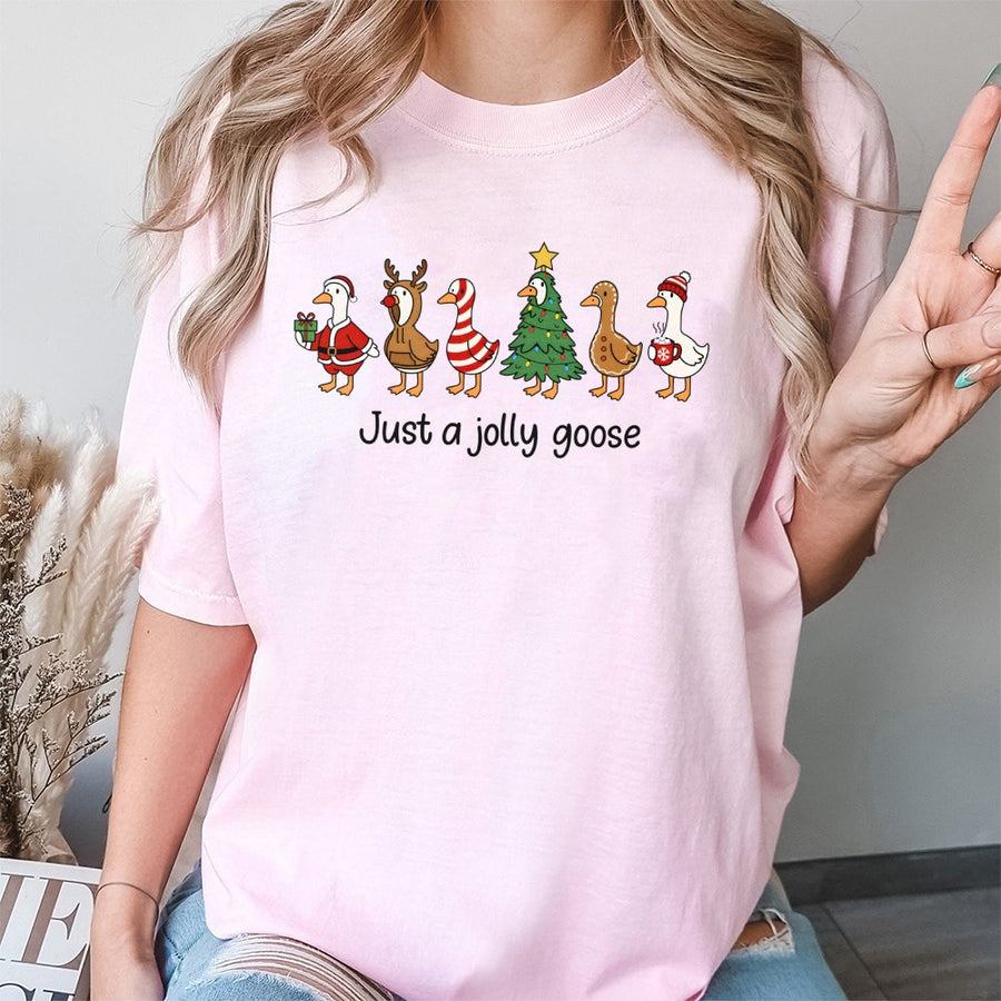 Jolly Goose Christmas T-Shirt | Funny Holiday Animal Graphic Tee | Premium 100% Cotton Apparel | Cute Santa Gingerbread Duck Gift for Men Women