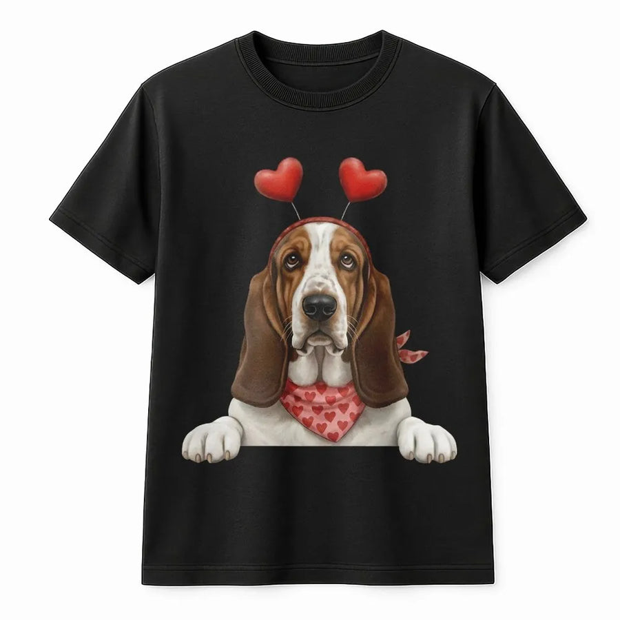 Basset Hound Valentine T-Shirt | Cute Heart Headband Dog Design | Premium Cotton Tee | Romantic Gift for Dog Moms & Pet Lovers