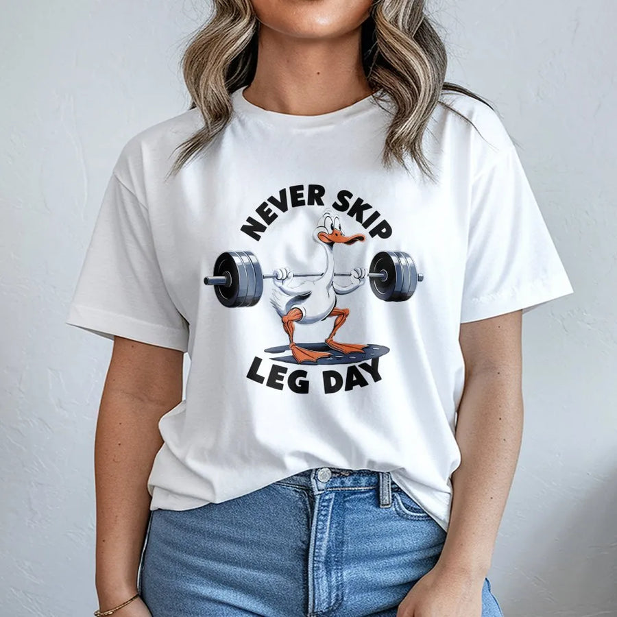 Never Skip Leg Day T-Shirt | Funny Lifting Goose Graphic | Premium Cotton Gym Apparel | Gift for Weightlifters, Bodybuilders, and Fitness Lovers