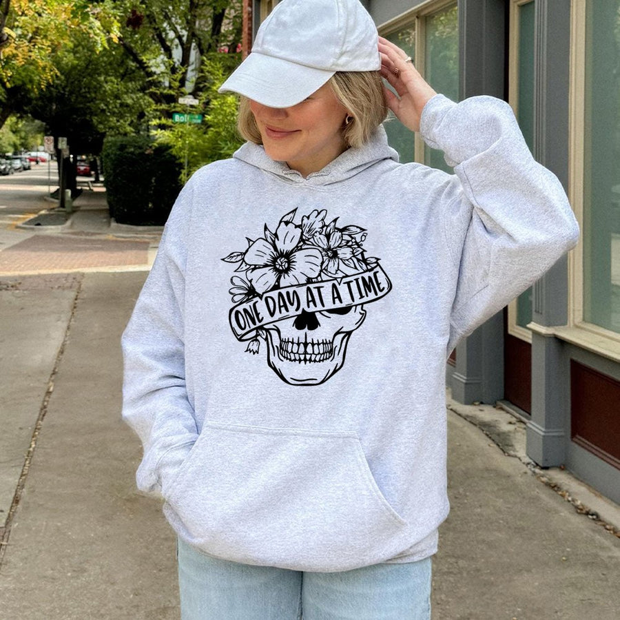 One Day At A Time Hoodie | Floral Skull Graphic Design | Premium Cotton Blend | Inspirational Skeleton Aesthetic Gift For Women