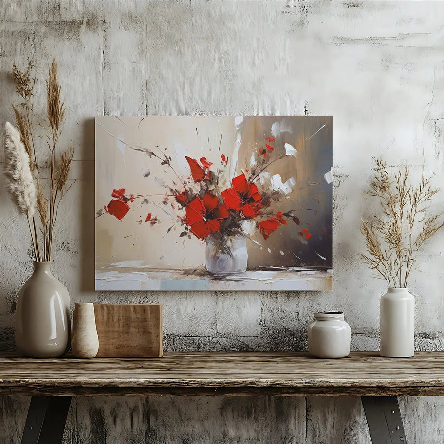 Abstract Red Floral Canvas Wall Art | Textured Oil Painting Style Vase Print | Premium Gallery-Wrap | Modern Home Decor Gift