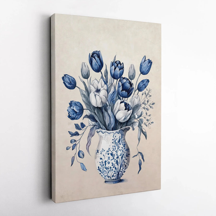 Blue and White Tulip Canvas Art | Watercolor Chinoiserie Vase Floral Print | Gallery Wrap 1.25 inch Frame | Elegant Home Decor Wall Art