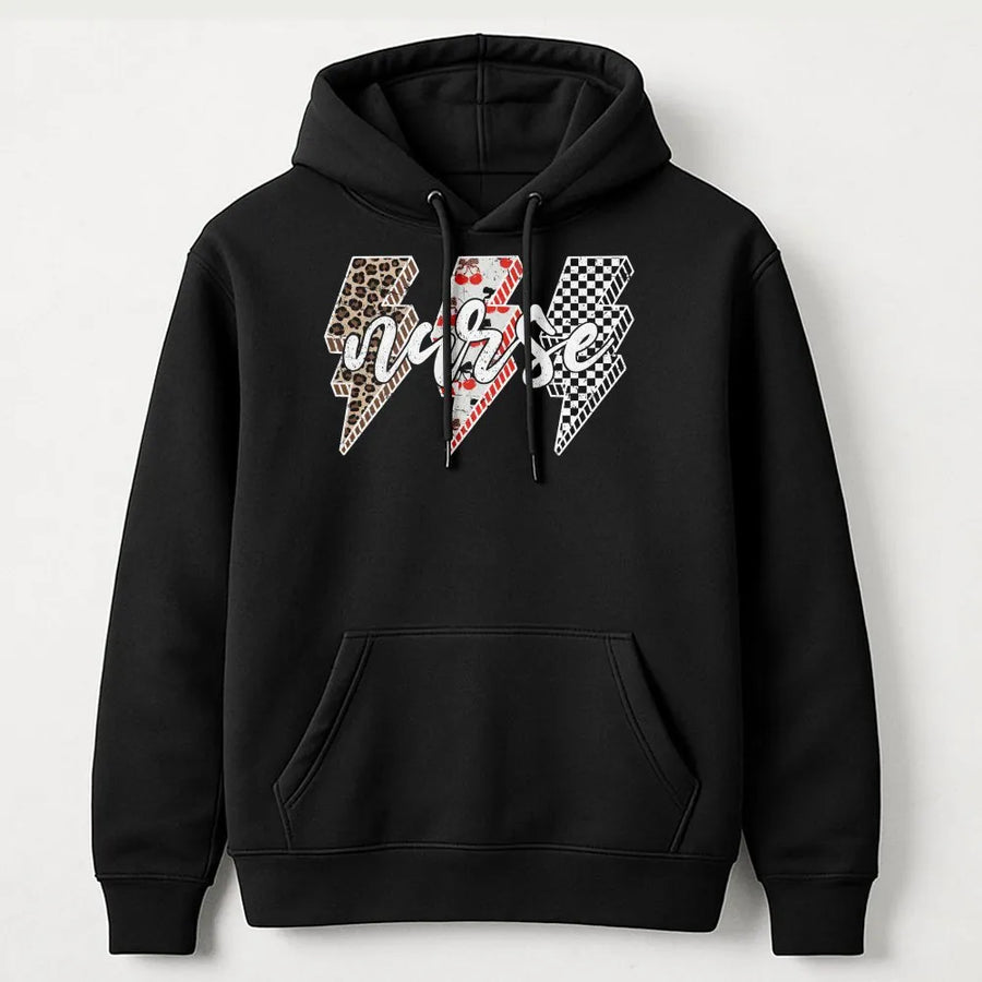 Retro Nurse Hoodie | Leopard Cherry & Checkered Lightning Bolt Design | Soft Cotton Blend Pullover | Gift for RN LPN Nursing Student Appreciation
