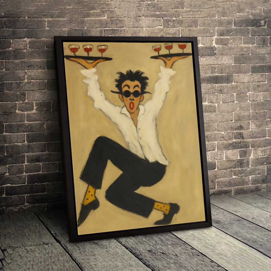 Whimsical Waiter Wall Art | Funny Restaurant Server Carrying Wine | Premium Gallery Wrapped Canvas | Perfect Gift for Wine Lovers