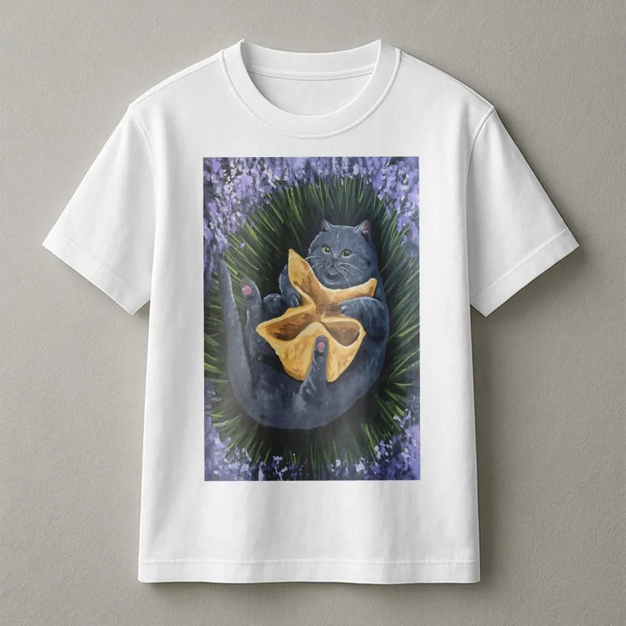Crab Rangoon Cat T-Shirt | Funny Grey Kitty Eating Appetizer | Premium Cotton Graphic Tee | Unique Foodie Animal Lover Gift