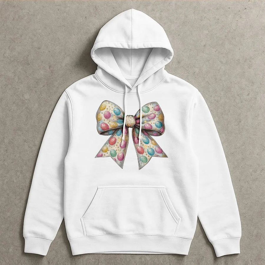 Easter Bow Hoodie | Pastel Egg Pattern Aesthetic | Soft Cotton-Blend Premium Quality | Cute Spring Holiday Gift For Her