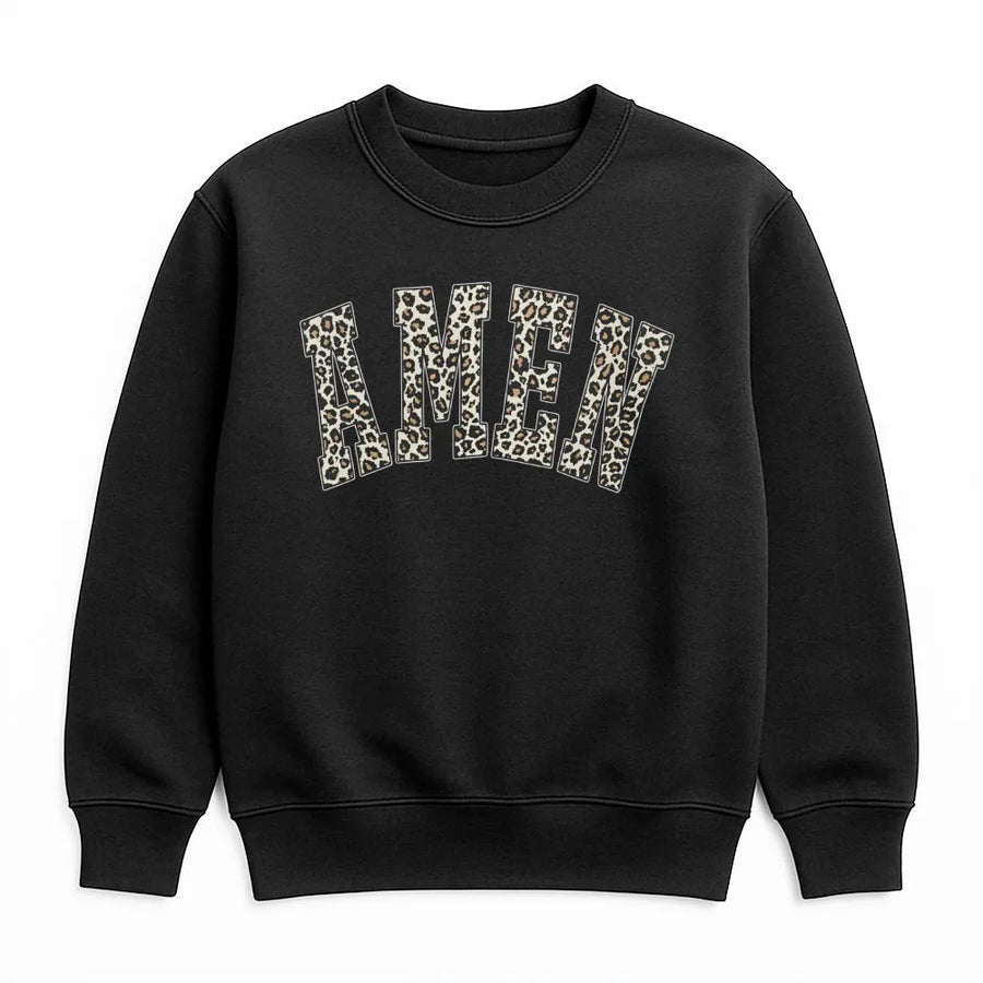 Amen Sweatshirt | Leopard Print Christian Apparel | Premium Cotton Blend Fleece | Faith-Based Gift for Women and Men