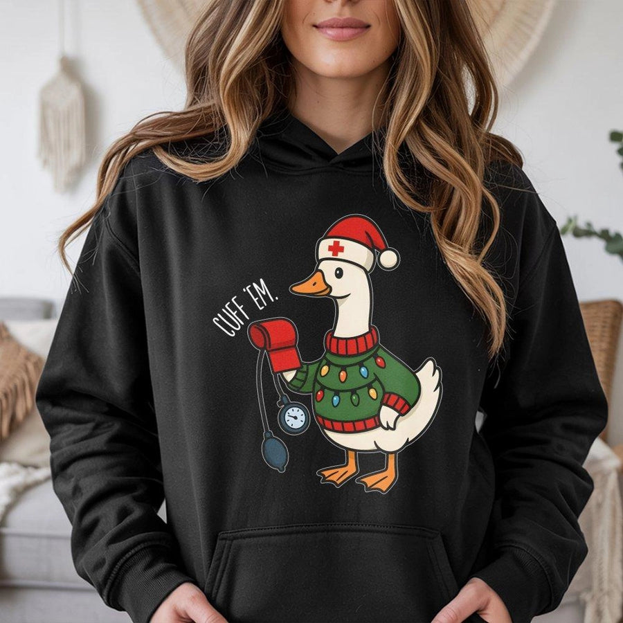 Christmas Nurse Hoodie | Silly Goose Cuff 'Em Blood Pressure Design | Premium Cotton-Poly Blend | Funny Gift for Nursing Students and RNs