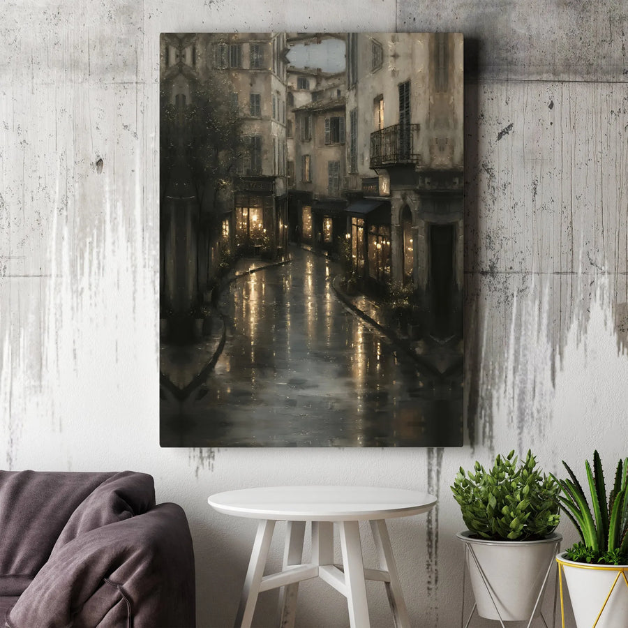 Rainy European Street Canvas Print | Atmospheric Cobblestone Alley Night View | Gallery Quality 1.25 Inch Wrap | Cozy Home Office Decor Wall Art