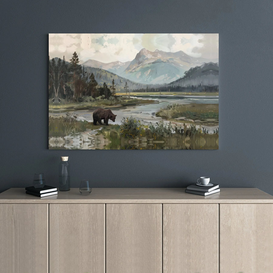Brown Bear Landscape Canvas Wall Art | Mountain River Nature Painting | Gallery Wrap Premium Print | Rustic Lodge Home Decor Gift