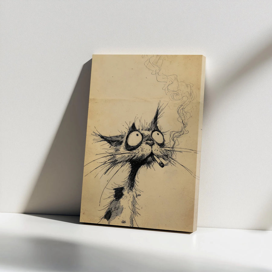 Smoking Cat Wall Art | Whimsical Bug-Eyed Sketch Canvas Print | Premium Gallery Wrap Decor | Quirky Gift for Cat Lovers