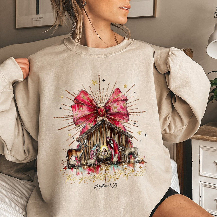 Nativity Christmas Sweatshirt | The Greatest Gift Of All Religious Graphic | Premium Cotton Blend | Faith Inspired Holiday Gift For Christian Women