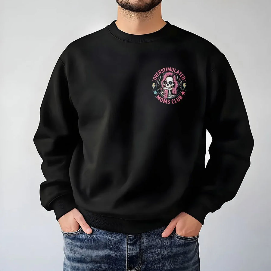 Overstimulated Moms Club Sweatshirt | Funny Skull Iced Coffee Graphic | Premium Cotton Blend Sweatshirt | Unique Gift for Mom, Edgy Mom Life Apparel