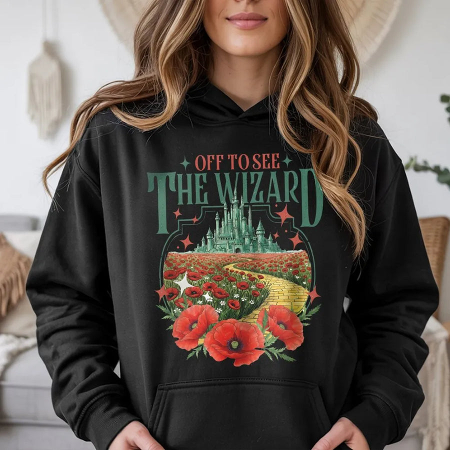 Wizard City Graphic Hoodie | Yellow Brick Road Poppy Field Art | Premium Cotton Blend | Retro Fantasy Book Lover Gift