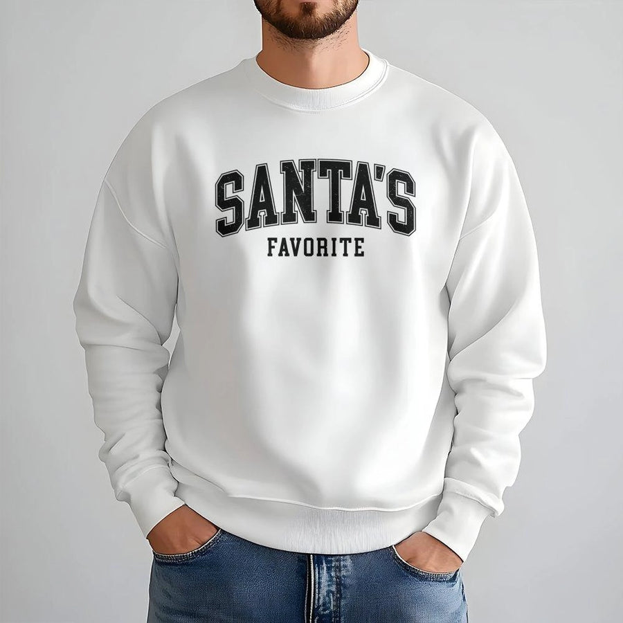 Santa's Favorite Sweatshirt | Varsity Lettering Christmas Graphic | Premium Cotton Blend Unisex Crewneck | Cozy Holiday Gift for Men and Women