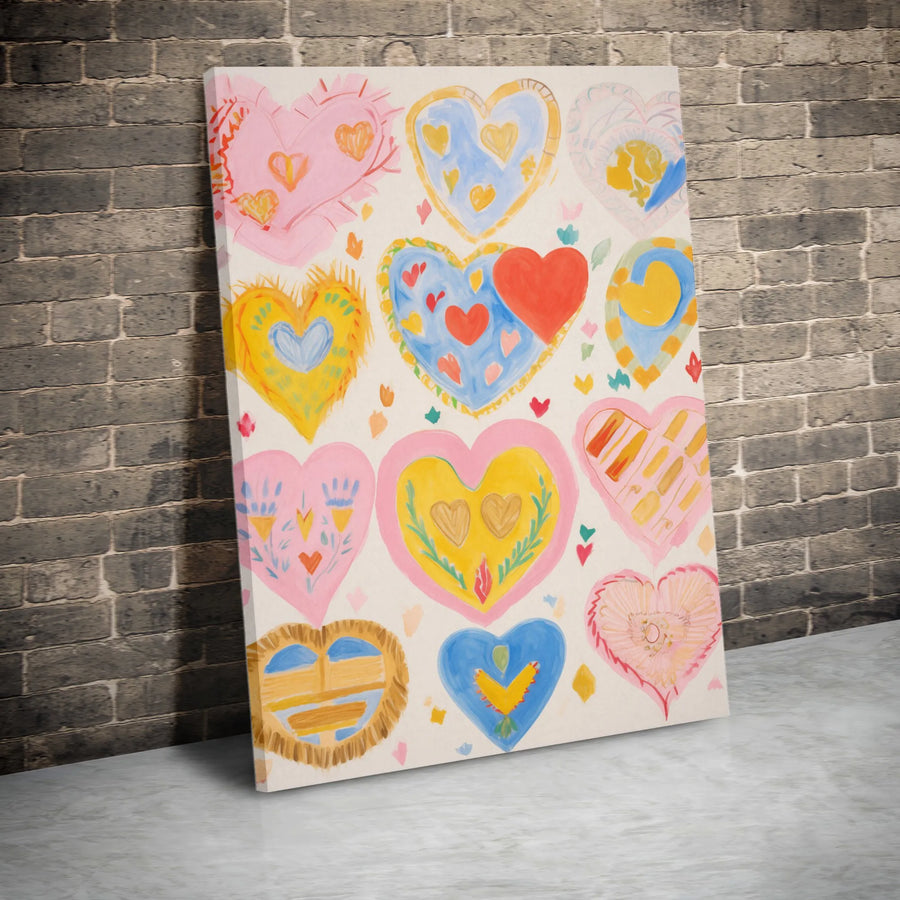 Colorful Heart Canvas Wall Art | Whimsical Hand-Painted Style | Premium Gallery-Wrapped Print | Romantic Decor Gift For Home And Nursery
