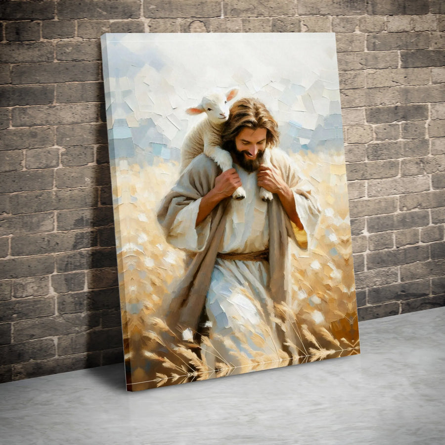 Jesus Carrying A Lamb Canvas Wall Art | Impressionist Oil Painting Style | Premium Gallery Wrap Print | Christian Home Decor & Religious Gift